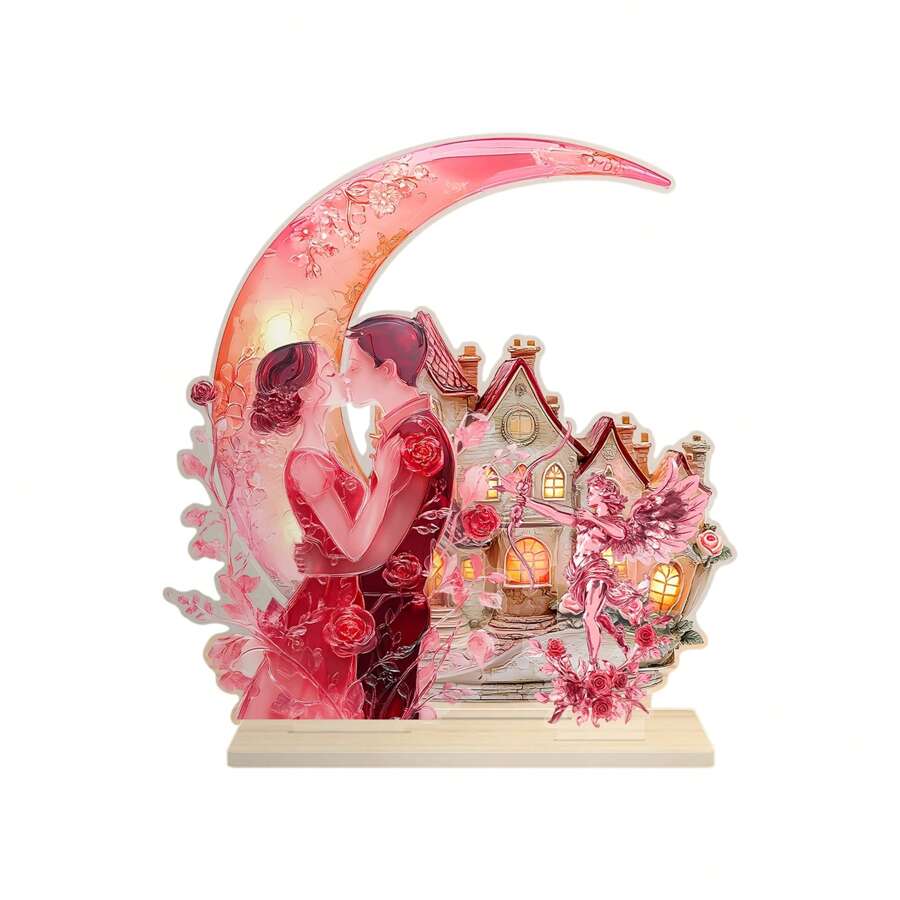 Valentine's Day Moon Couples Decorations 2D Flat Acrylic Table Top Decor Office TV Cabinet Desktop Home Decoration Ornaments