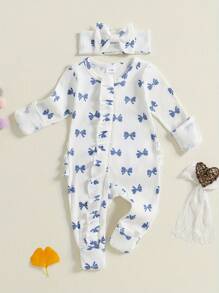 Baby Girl 2Pcs Fall Outfits Ruffle Long Sleeve Bow Print Jumpsuit With Headband Set Newborn Clothes - White - View 4