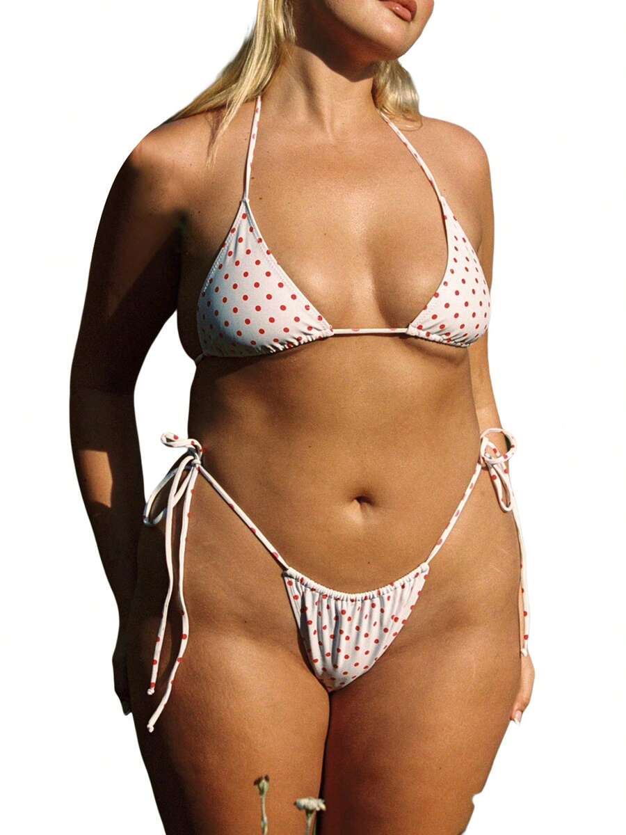 Women's Summer Bikini Set Dot Print Halter Bra With Tie-Up Low Waist Thong 2 Pcs Swimsuit - 白色 - 查看 1