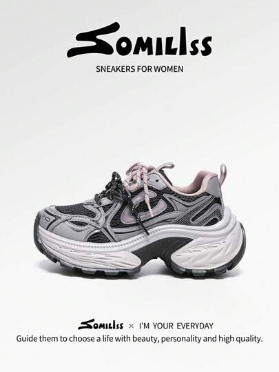 somiliss 1 Pair Women's Sports Style Anti-Slip Sneakers, Lace-Up Front, Synthetic Leather & Mesh Upper, Breathable & Comfortable, Running Shoes, 6cm Platform, Low Top, Outdoor Walking, Grey, Spring/Summer 2025 New Design