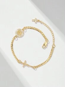 1pc Classic Fashion Micro-Inlaid Cubic Zirconia Copper Chain, Gold Plated, Multi-Layer Floral Embossed Catholic Saint Benedict & Jesus Cross Charm Bracelet, Suitable Gift For Mother/Valentine's Day/Couples/Sisters/Friends/Believers, For Daily Use & Prayers