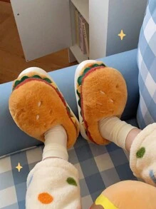 男士休闲可爱汉堡趣味设计毛绒保暖拖鞋，秋冬季室内家居拖鞋