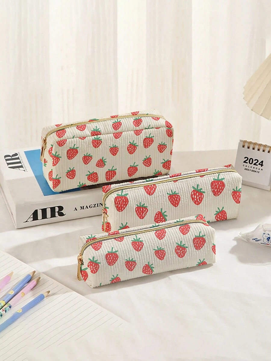3 件套：草莓印花灯芯绒大容量铅笔盒、文具袋、拉链铅笔盒、印花灯芯绒袋、返校、学校用品、铅笔袋、书包 - 彩色 - 查看 1