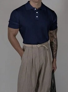 Men's Soft Texture Sports Casual Polo Collar Short Sleeve Pit Strip Texture Casual Sweater