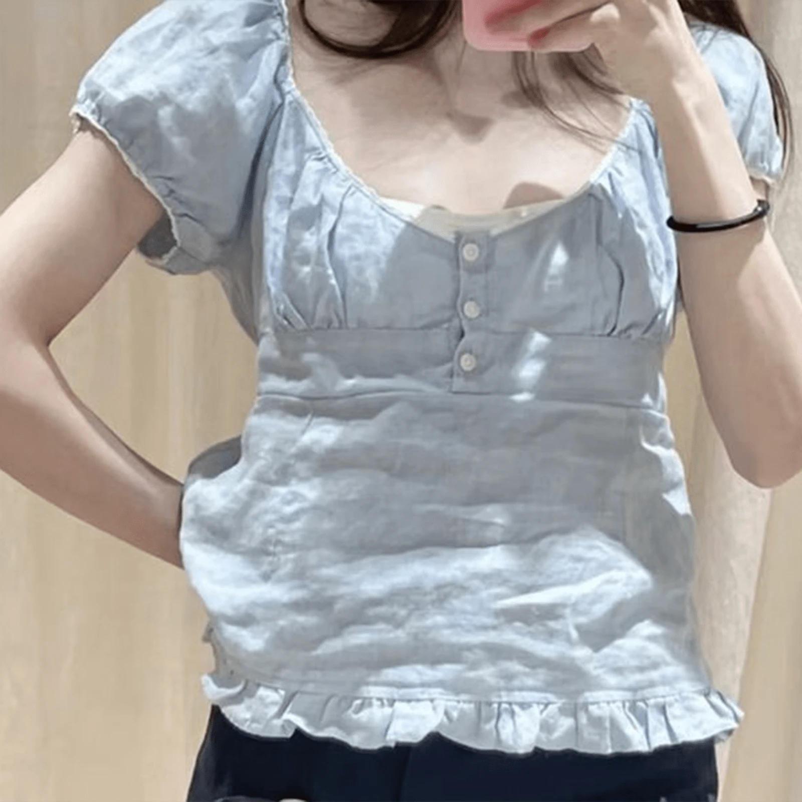 Y2K Fairy Grunge Crop Top For Women Short Sleeve Lace Patchwork Low Cut T-Shirt Aesthetic Slim Fit Cute Babydoll Top Tees Vintage Fairy Grunge T-Shirt Aesthetic Harajuku 90s Streetwear - Màu xanh nhạt - Xem 1