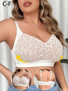 Plus Size Women's Fashionable Lace Wireless Bra - White - View 3
