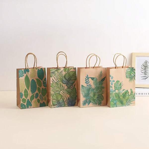 4pcs/8pcs Green Leaf Design Tote Bags, Gift Bags With Handles, Simple Design Paper Bags For Birthday, Wedding Favor, Shopping