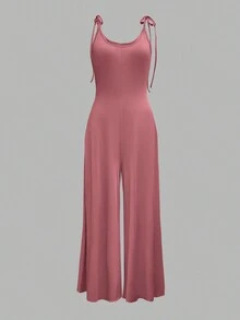 女士休闲家居服系带蝴蝶结口袋修身针织阔腿连体裤粉色优雅夏季 - 粉色 - 查看 2