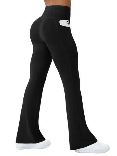 1pc Women Plus Size Flare Yoga Pants, Slimming High Waist Workout Leggings With Pockets