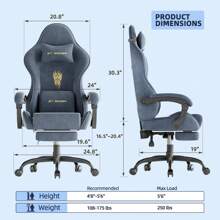 Velvet Fabric Gaming Chair, High Back Ergonomic Gamer Chair For Adult, Comfortable Video Game Chair With Footrest And Massage Lumbar Cushion, Racing Reclining Office Computer Desk Chair - 灰色 - 查看 9