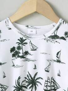 2pcs/Set Boys Summer Beach Element Printed Round Neck Short Sleeve T-Shirt + Solid Color Shorts - White - View 3