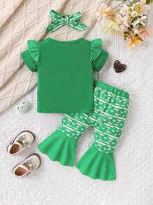 Girls St.Patrick's Day Letter Print T-Shirt Top And Pants Children Summer Outfit