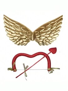 1/2 件丘比特服装套装，包括翅膀和弓箭，红色/金色，角色扮演配件，情人节摄影道具
