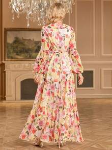 New Vintage Print Floral Long Dress, Ruffle Trim Party Dress, Wedding Guest Dress, For Cocktail - Multicolor - View 6