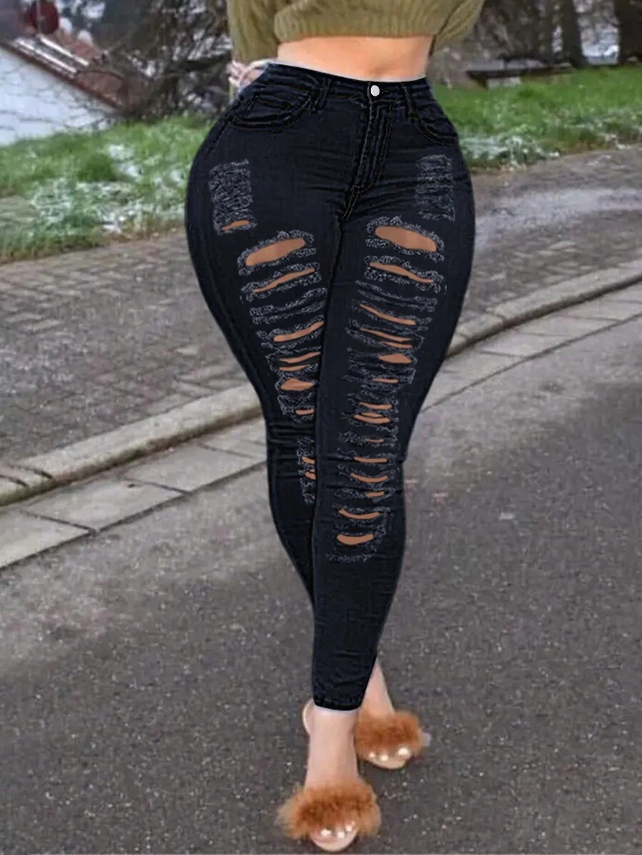 Women's High Rise Stretch Skinny Ripped Jeans Distressed Denim Leggings - Black - View 1
