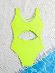 Traje de baño de una pieza con agujeros calados y costillas en color amarillo luminoso para niñas preadolescentes de 8 a 12 años