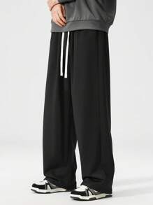 Plus Size Straight Leg Black Knit Casual Pants, Suitable For Spring And Summer