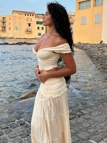 Bộ đồ mùa xuân/hè mới: Áo tank top cổ chữ V thắt nút kiểu Pháp, váy midi/chân váy xếp ly gợi cảm cho nữ, phong cách boho & bohemian thanh lịch. - Màu be - Xem 4