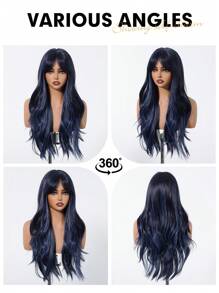 Multicolor Synthetic Wig With Bangs Black Mix Blue Long Natural Curly Wig For Women Daily Party Cosplay Wigs For Girls