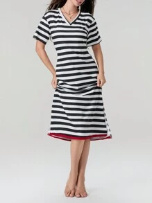 Women's T-Shirt Dress Loose Fitting V Neck Short Sleeve Side Split Striped Long Dress For Summer - Black - View 5