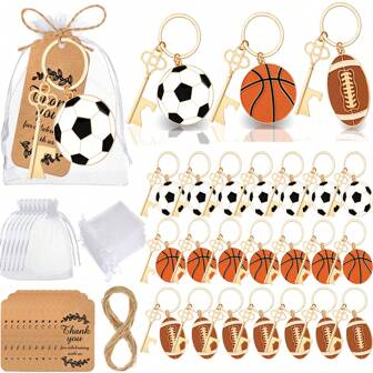 10pcs Gold Football, Basketball & Rugby Keychain Bottle Opener Set, With Burlap Bag, Twine And Thank You Card, Suitable For Football Games, Basketball, Rugby Matches, Birthday Parties, Gifts, Valentine's Day Presents, Kitchen & Bar Supplies, Party Favors