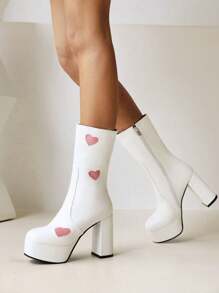 Women's High Heels Platform Mid Calf Boots Side Zip Sweet Heart Cool Punk Bootie - White & Pink - 查看 4