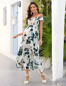 GoyRrbay Maternity Dress Women's Off Shoulder Split A Line Casual Maxi Dress Photography Dress For Babyshower - hoa lớn màu xanh - Xem 5