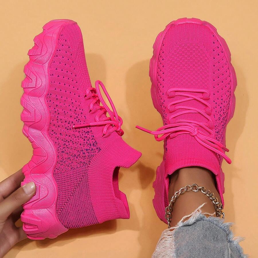 Women's Simple Plain Lace-Up Low Top Sock Sneakers, Summer 2024 Casual Comfortable Breathable Lightweight Sports Running Shoes - 棗紅 - 查看 1