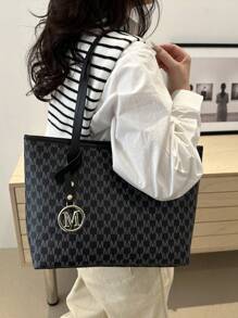 欧美跨境个性大容量字母简约印花托特包新款女士菱格通勤单肩包 - 黑色 - 查看 6