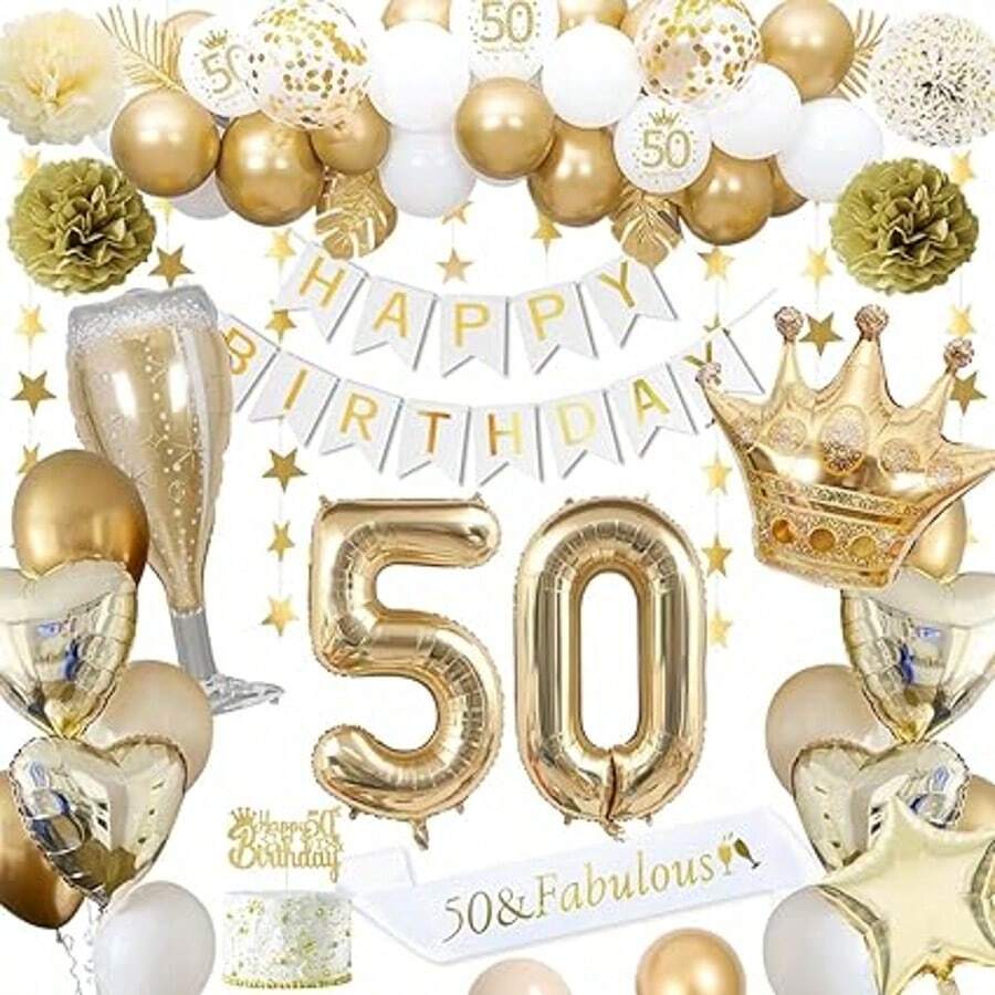 50th Birthday Decorations, Gold 50th Birthday Decorations For Men Women Gold White Balloons HAPPY BIRTHDAY Banner Number 50 Balloons Crown Star Heart Balloons HAPPY 50th BIRTHDAY Cake Topper - Multicolor - View 1