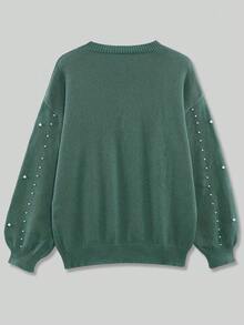 Plus Size Elegant Pearl Embellished Knitted Pullover Sweater For Women, Autumn/Winter - Green - View 5