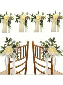 1pc/2pc/5pcs White/Yellow Rose Flower Decor Ribbon, Elegant Rose Floral With Greenery And Ribbon, Suitable For Wedding Aisle Decor, Wedding Reception Table & Chair Decor, Wedding Guest Chair Back Flowers, Birthday Party Decor, Wedding Photography Props