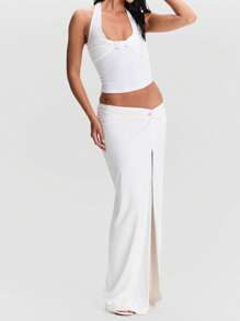 Women's Halter Neck Tank Tops Summer Sleeveless Solid Color Knot Front Shirts Dressy Tops - 白色 - 查看 8
