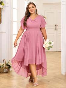 Plus Size Ruffle Sleeve Elegant Midi Dress Ladies Weddings Party Gown Swing Dress - hồng - Xem 2