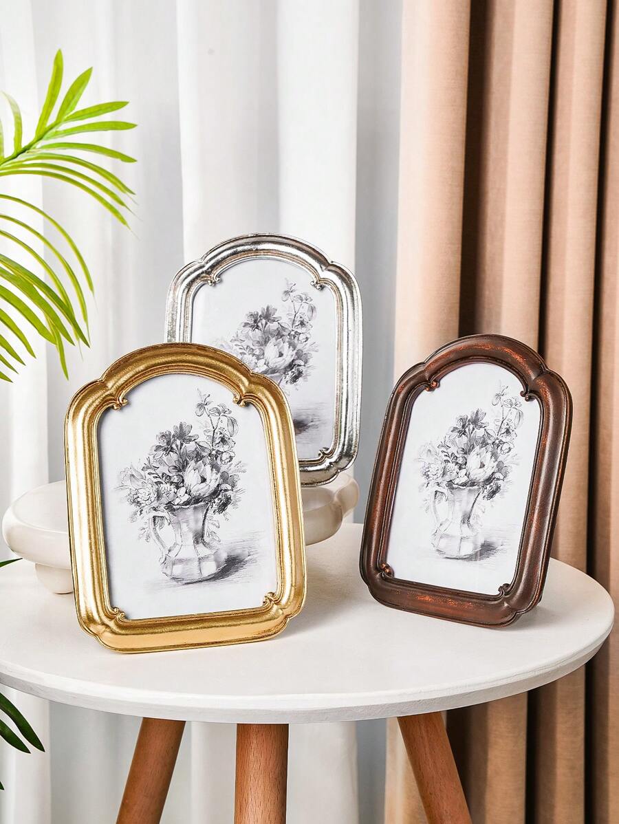 1pc Resin Material Gold, Silver, Brown Curved Frame Desktop Photo Frame Decor, Multi-Color Optional, Simple Home Bedroom Office Desktop Photo Display Gifts Birthday Graduation