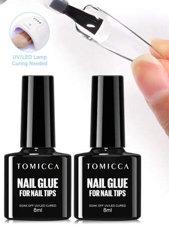TOMICCA 2pcs8ml Clear Nail Glue Set,UV Light Curing Is Required, And The Long-Lasting Gel Nail Set , Used For DIY Home Salon Manicure Or Gifts For Women .