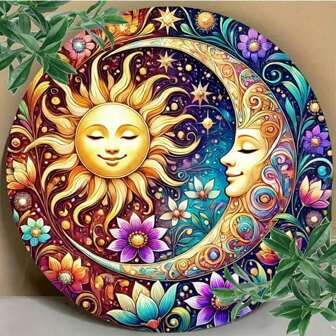 1 pezzo Insegna vintage rotonda in metallo con design del sole luminoso, luna e fiori, impermeabile, adatto per casa, ristorante, bar, caffè, garage - 20 x 20 cm, opera d'arte da parete in metallo, targa decorativa, ottimo per la decorazione della stanza, stile con fori casuali
