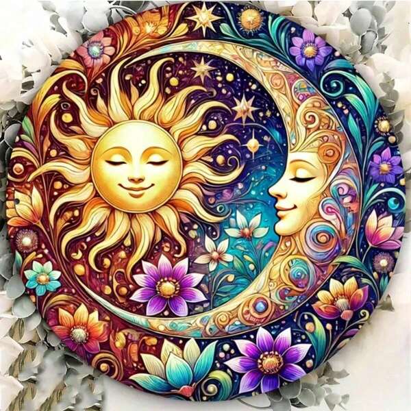 1pc Vintage Round Metal Sign With Bright Sun And Moon Flower Design, Waterproof And Durable, Suitable For Home, Restaurant, Bar, Cafe, Garage - 7.8 X 7.8 Inches, Metal Wall Art Decor, Decorative Plaque, Great For Room Decoration, Random Hole Positions