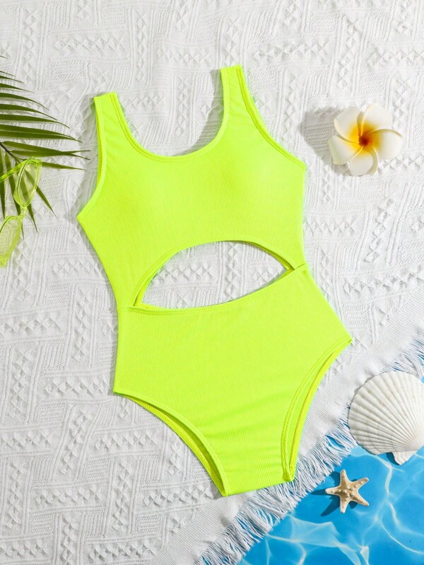 Traje de baño de una pieza con agujeros calados y costillas en color amarillo luminoso para niñas preadolescentes de 8 a 12 años