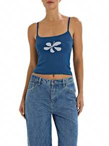 Women Knit Cami Tank Top Y2K Floral Spaghetti Strap Low Cut Slim Fit Camisole Crop Tops Backless Sleeveless Vests Shirts Vintage Flower Print Going Out Tops Summer Beach Vacation Outfit Club Party Streetwear - Màu xanh lam - Xem 5