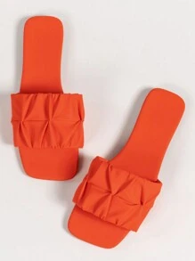 Women's Summer New Fashion Versatile Open Toe Strap Ruched Orange Sandals, Flat Comfortable Lightweight Non-Slip, Outdoor Beach Vacation Stylish Sandals