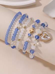 5 Pieces Girls Crystal Beaded Bracelet Set With Bow And Heart Designs - Multicolor - View 8