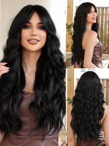 Fashion Butterfly Haircut Synthetic Wig 26 Inch Natural Black Curly Wavy Hair Wigs Synthetic Middle Part Hair Wigs For Women Girls Synthetic None Lace Wigs Coachella Music Festival - 自然黑 - 查看 2
