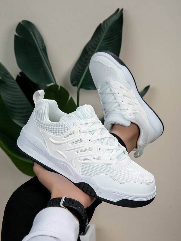 2025 New Fashionable Men's PU Leather Lace Up Casual Vintage Style Sneakers, TPU Decoration Contrast Color Casual Shoes, Couple Shoes, White Couple Sneakers, Non-Slip Rubber Sole Athletic Shoes