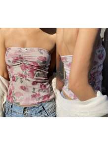 Women's Ruched Front Tube Tops Summer Strapless Floral Print Bandeau Tops Slim Fit Shirts
