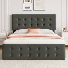 CuisinSmart Queen Size Bed Frame With Headboard,Linen Upholstered Platform Bed Frame With 4 Storage Drawers,Button Tufted Style,No Box Spring Needed - Light Grey - View 6