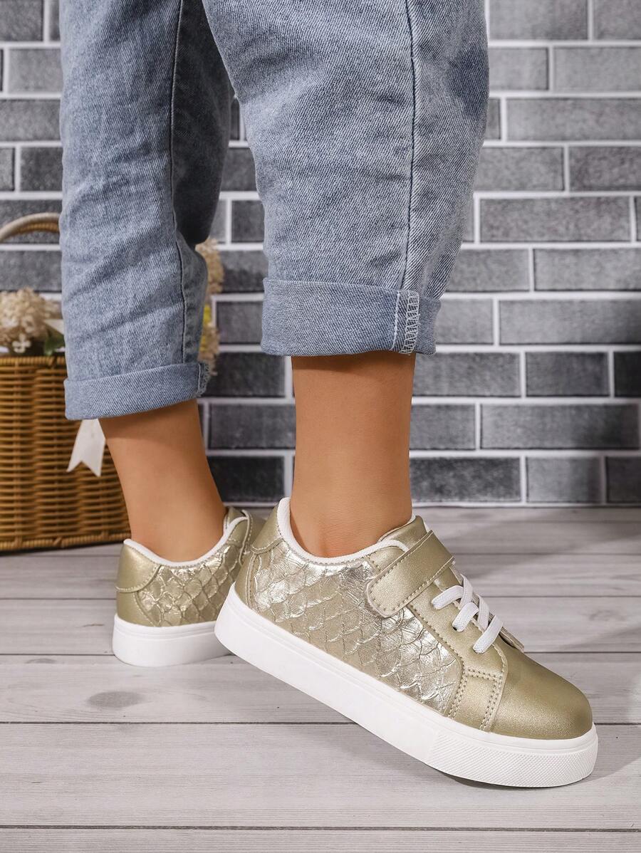 Kids New Breathable Fashion Hook And Loop Fish Scale Patchwork Casual Sneakers - Gold - View 1