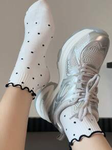 7 Pairs Random Women's Sweet Ruffle Trim Polka Dot Socks, JK Style Fashion, Comfortable & Breathable Short Tube Socks