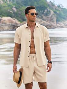 Men's Summer Beach Outfits 2 Piece Short Sleeve Shirts And Shorts Vacation Sets For Men - 淺卡其 - 查看 2