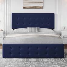 CuisinSmart Queen Size Bed Frame With Headboard,Linen Upholstered Platform Bed Frame With 4 Storage Drawers,Button Tufted Style,No Box Spring Needed - 藍色 - 查看 3
